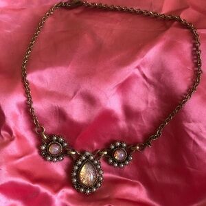 Sarah Coventry Gold and Pink Teardrop Necklace vintage brass colored